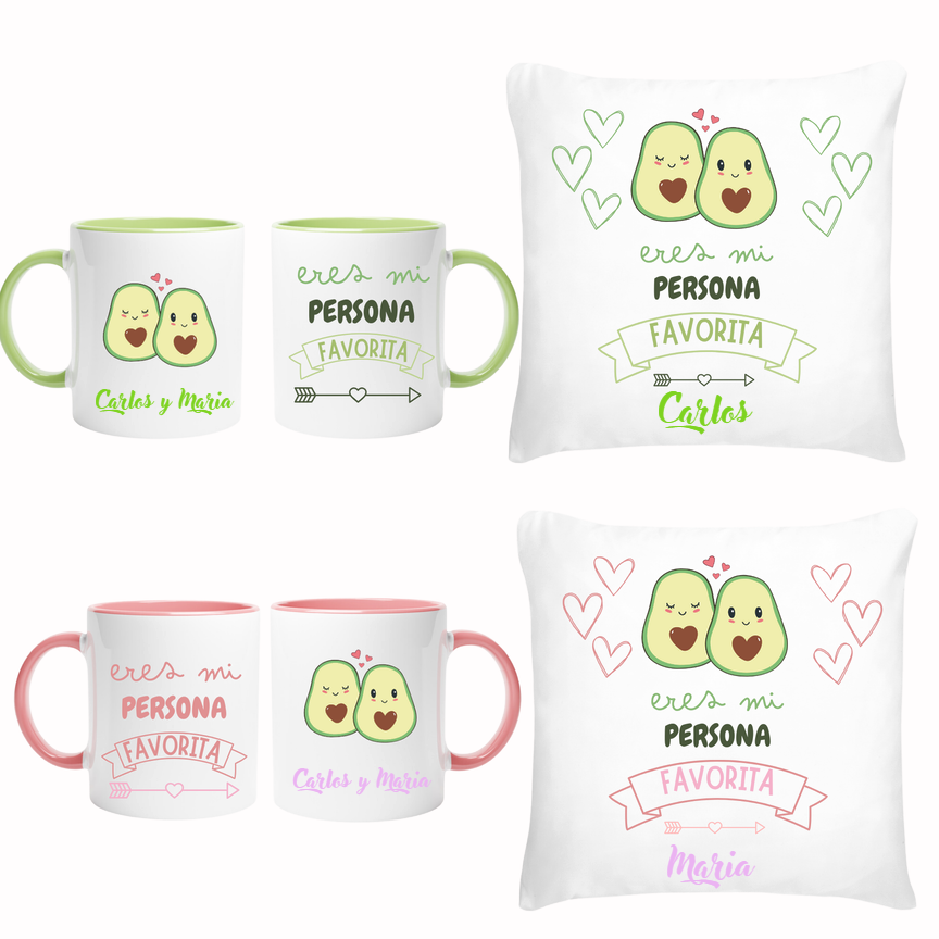Pack 2 tazas + 2 cojines Aguacates - Personalizado