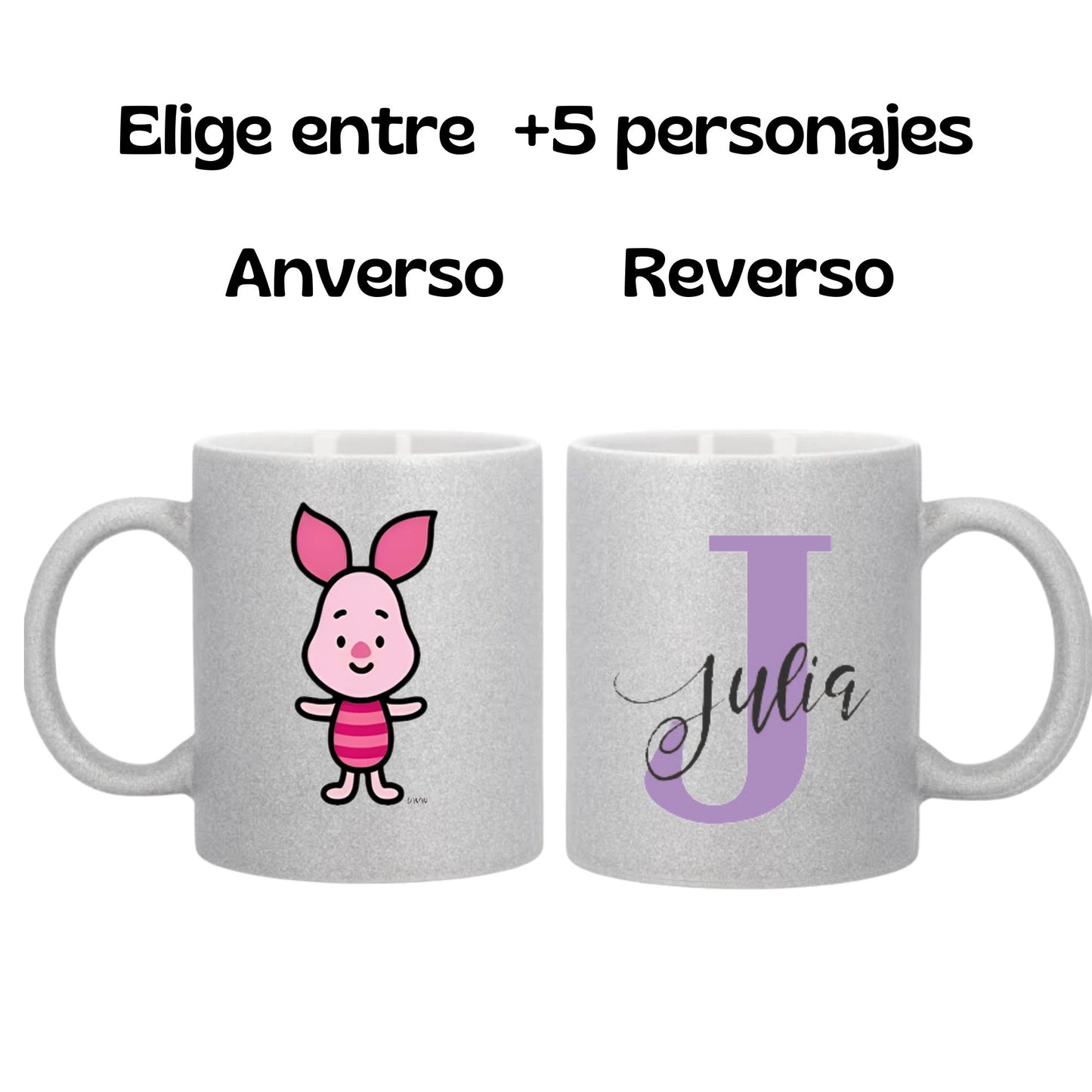 Taza Purpurina Inicial y Personaje - Personalizada