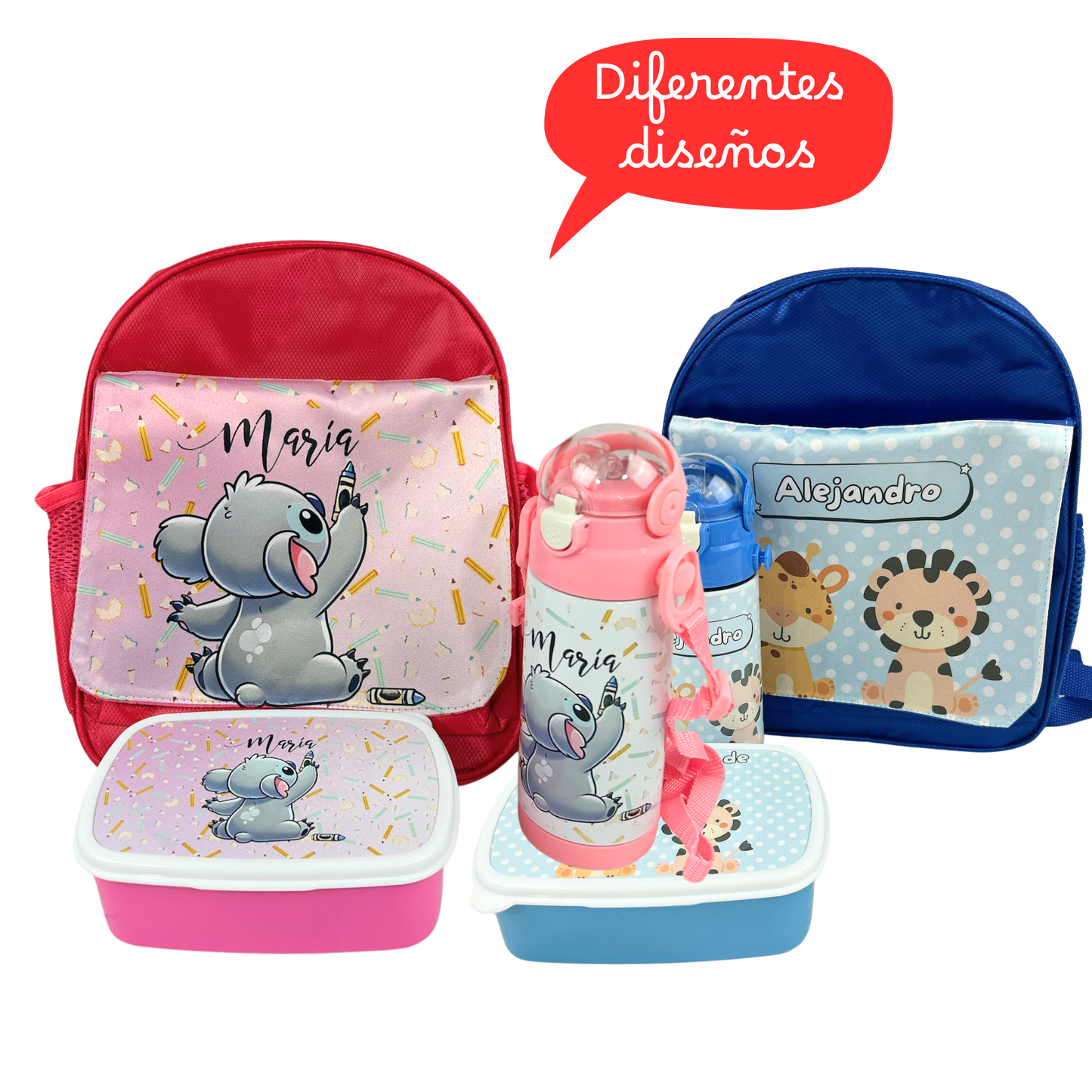Pack Mochila + botella + fiambrera Infantil - Animalito y Nombre