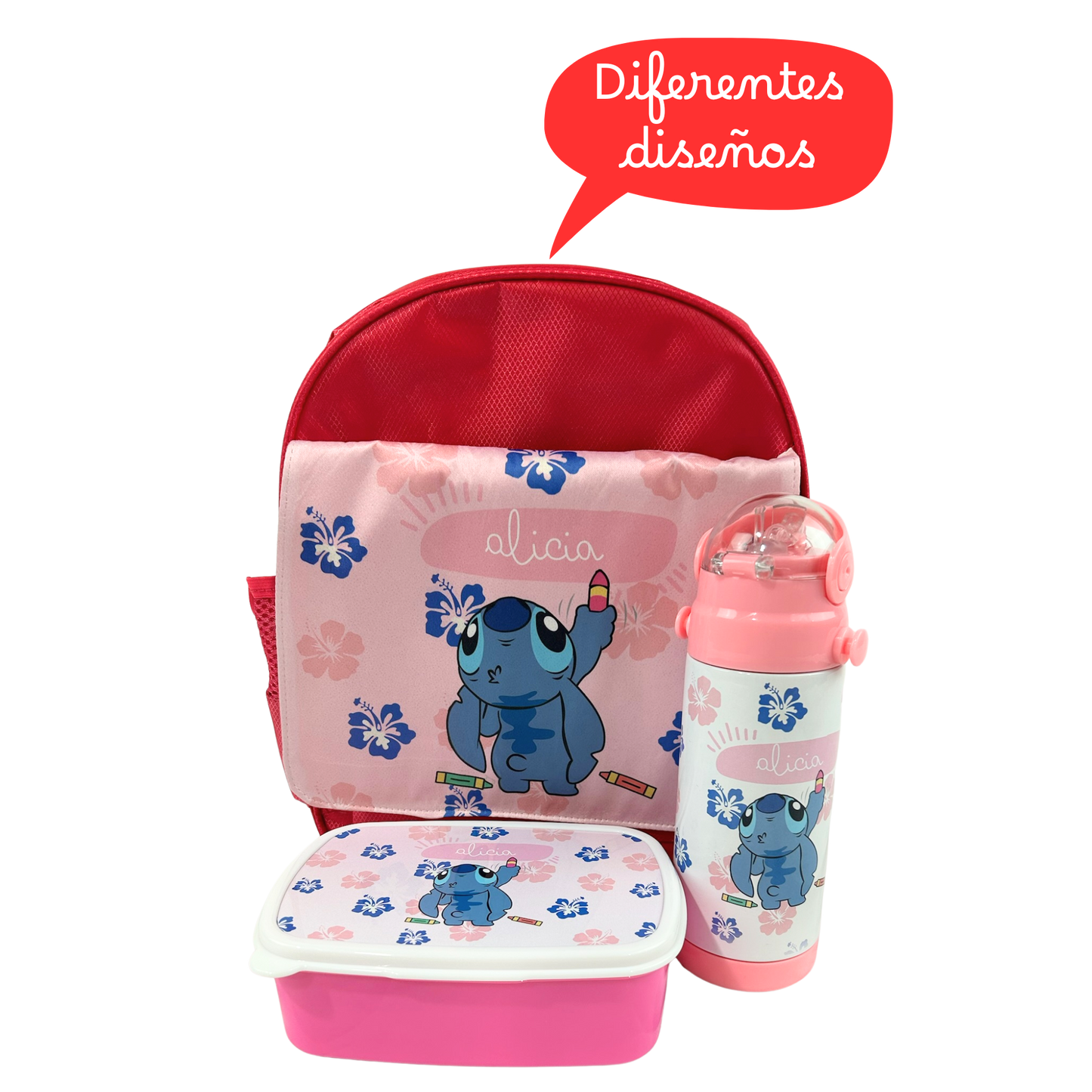 Pack Mochila + botella + fiambrera Infantil - Personaje y Nombre