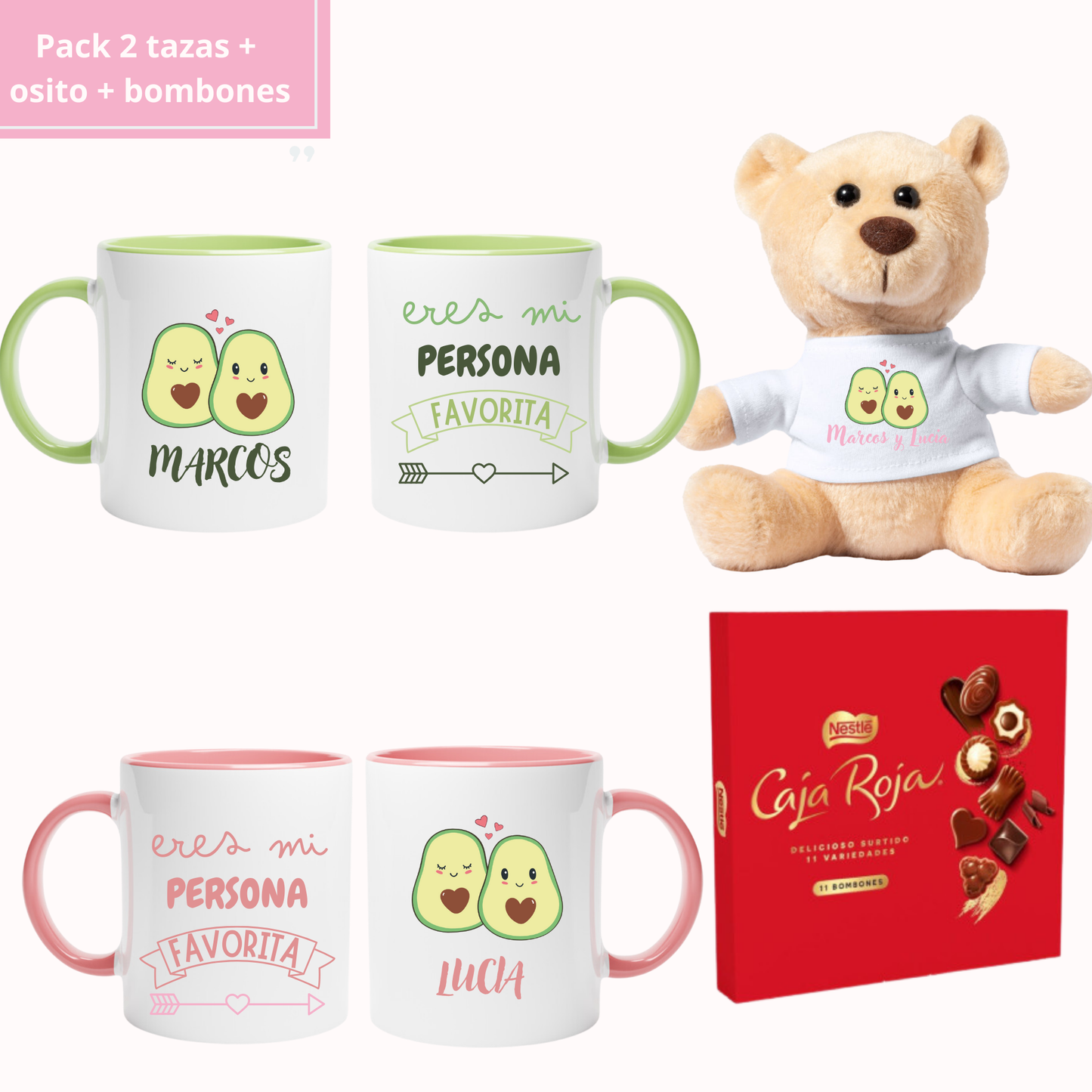 Pack 2 tazas + osito personalizado + bombones - Personalizado Aguacates
