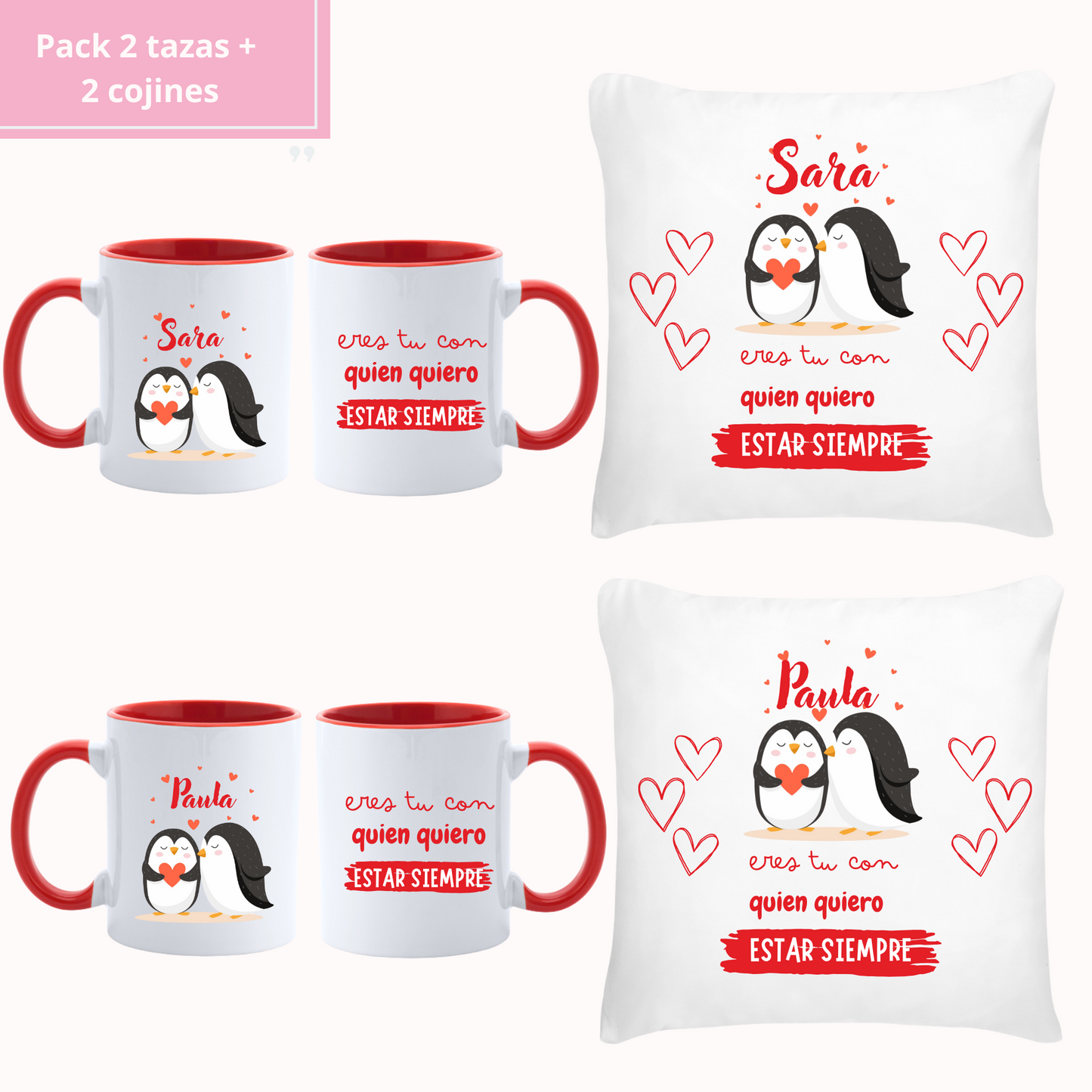 Pack 2 tazas + 2 cojines Pinguinos- Personalizado