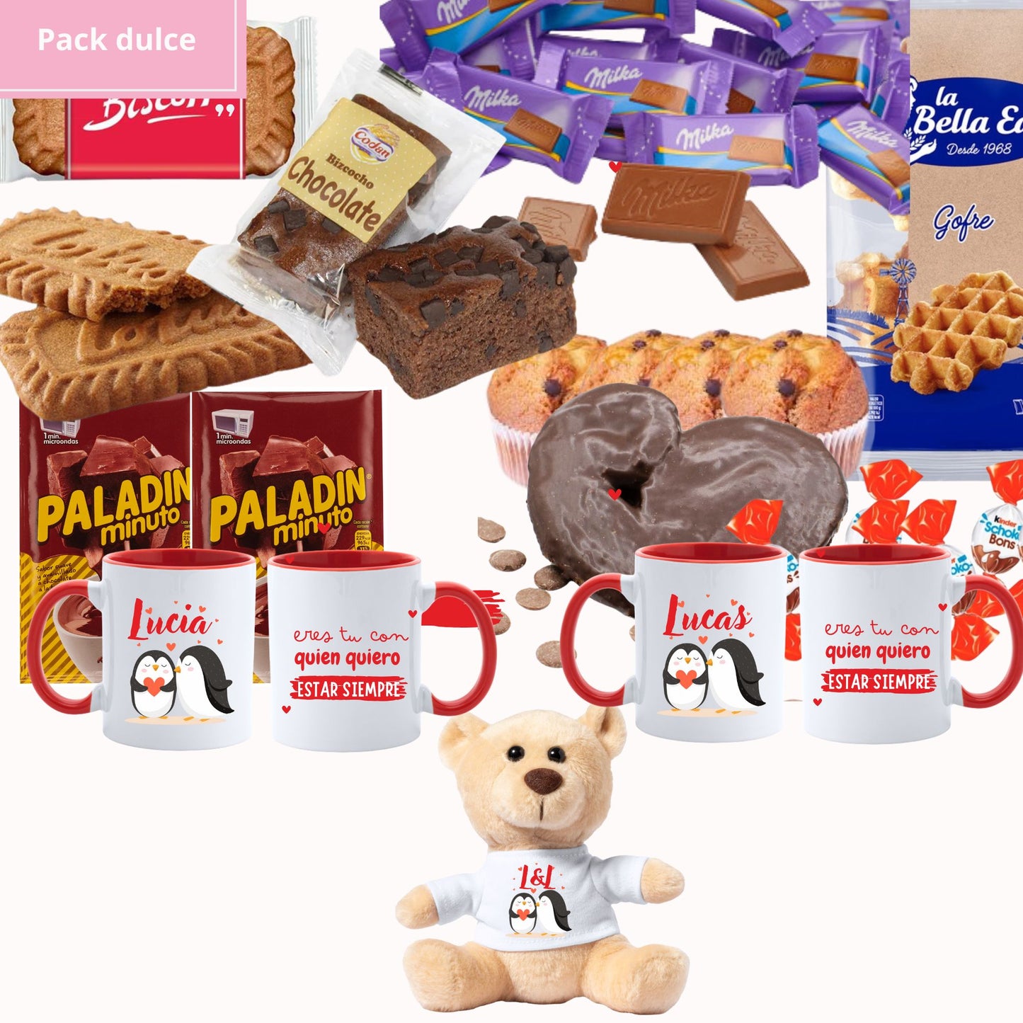 Pack dulce - Chocolates + 2 tazas personalizadas + osito personalizado Pinguinos