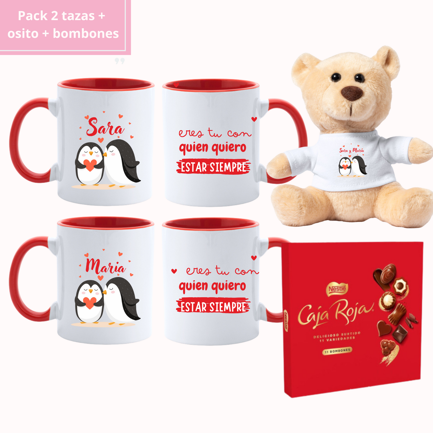 Pack 2 tazas + osito personalizado + bombones - Personalizado Pingüinos