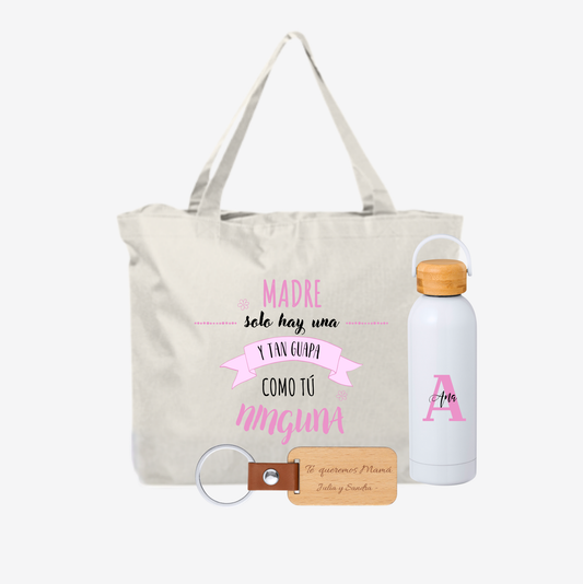 Pack bolso madre guapa + botella + llavero - Personalizado para mamá