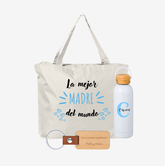 Pack bolso la mejor madre + botella + llavero - Personalizado para mamá