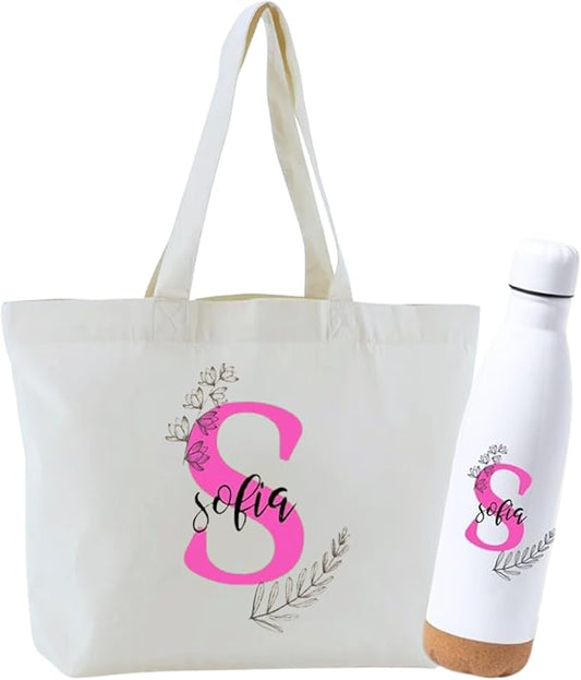 Pack Bolso y Botella floral - Personalizado Inicial y Nombre