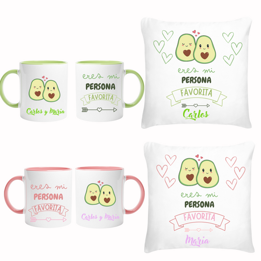 Pack 2 tazas + 2 cojines Aguacates - Personalizado
