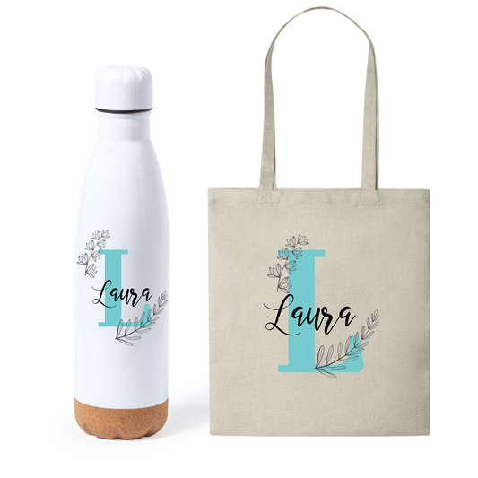 Pack Botella + Tote Bag - Personalizada con Inicial Floral
