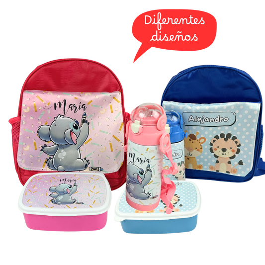 Pack Mochila + botella + fiambrera Infantil  - Animalito y Nombre