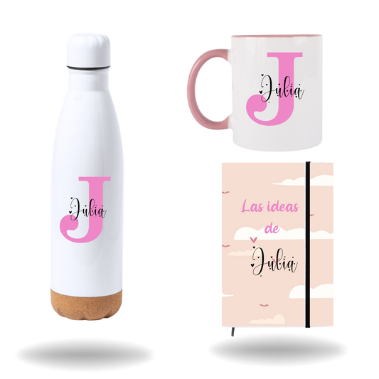 Pack Botella + Libreta + Taza - Personalizada con tu nombre