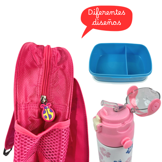 Pack Mochila + botella + fiambrera Infantil  - Animalito y Nombre