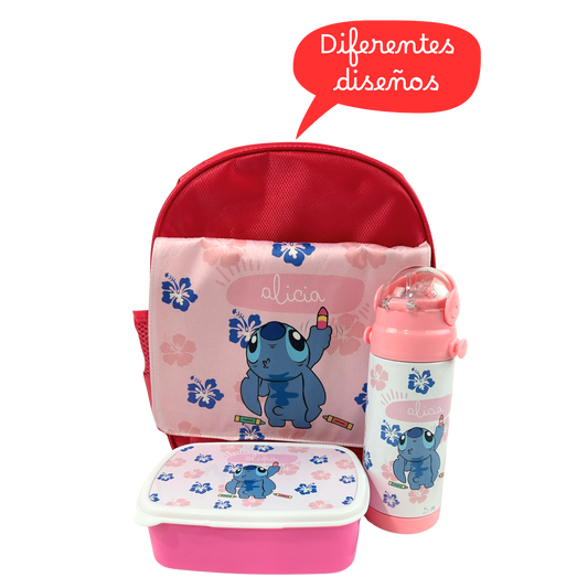 Pack Mochila + botella + fiambrera Infantil  - Personaje y Nombre