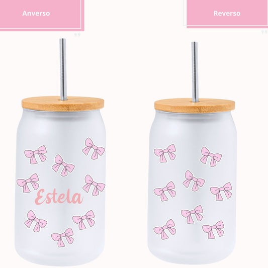 Tarro Cristal + Pajita Personalizado con nombres - Lazos rosas