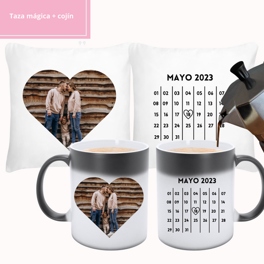 Pack Mágico  - Taza Mágica y Cojín con Foto y Calendario Personalizado