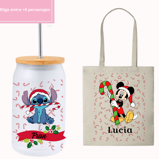 Pack Tarro Cristal Personaje + Tote Bag  Navidad - Personalizado