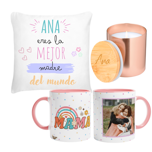 Pack para Mamá - Cojín + Taza + Vela - Personalizado Frase y foto